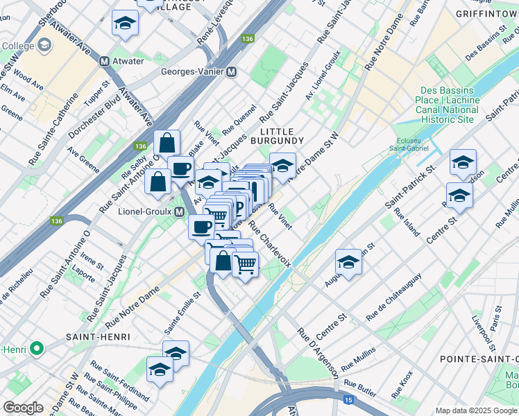 map of restaurants, bars, coffee shops, grocery stores, and more near 2482 Rue Notre-Dame Ouest in Montréal