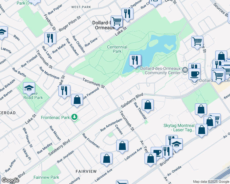 map of restaurants, bars, coffee shops, grocery stores, and more near 104 Rue Northview in Dollard-des-Ormeaux