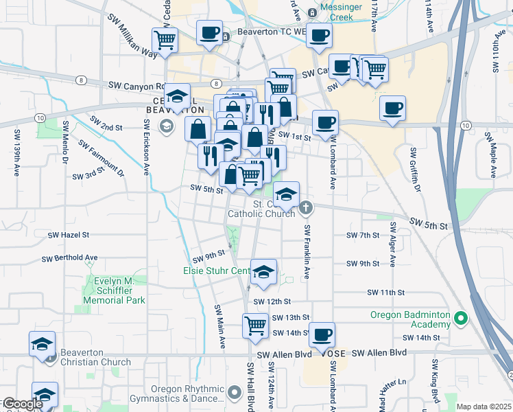 map of restaurants, bars, coffee shops, grocery stores, and more near 5025 Southwest Hall Boulevard in Beaverton