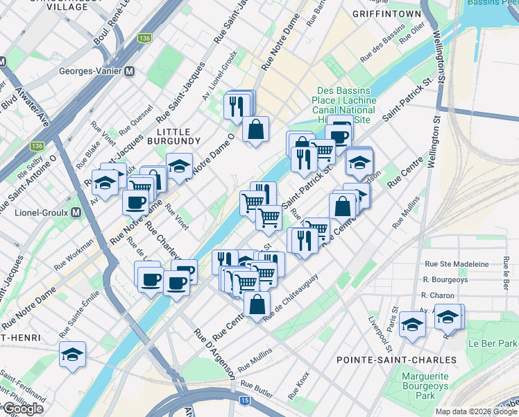 map of restaurants, bars, coffee shops, grocery stores, and more near 2175 Saint-Patrick Street in Montrã©Al