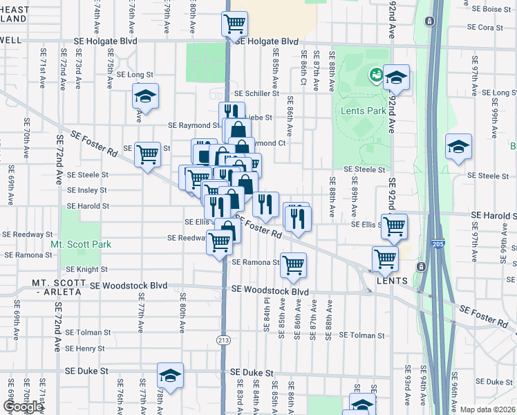 map of restaurants, bars, coffee shops, grocery stores, and more near 5424 Southeast 82nd Avenue in Portland