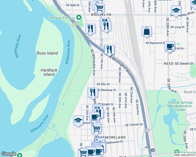map of restaurants, bars, coffee shops, grocery stores, and more near 1624 Southeast Harold Street in Portland