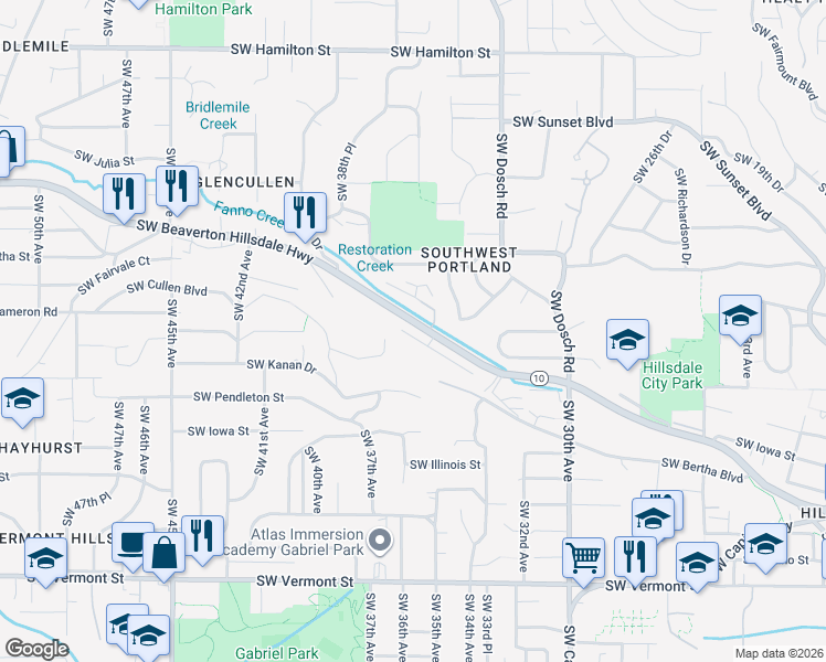 map of restaurants, bars, coffee shops, grocery stores, and more near 3510 Southwest Beaverton Hillsdale Highway in Portland