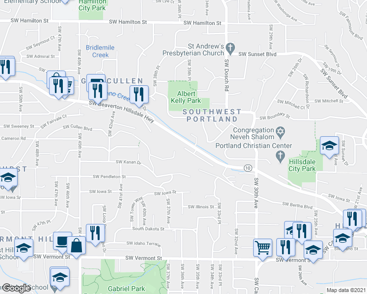map of restaurants, bars, coffee shops, grocery stores, and more near 6085 Southwest Beaverton Hillsdale Highway in Portland