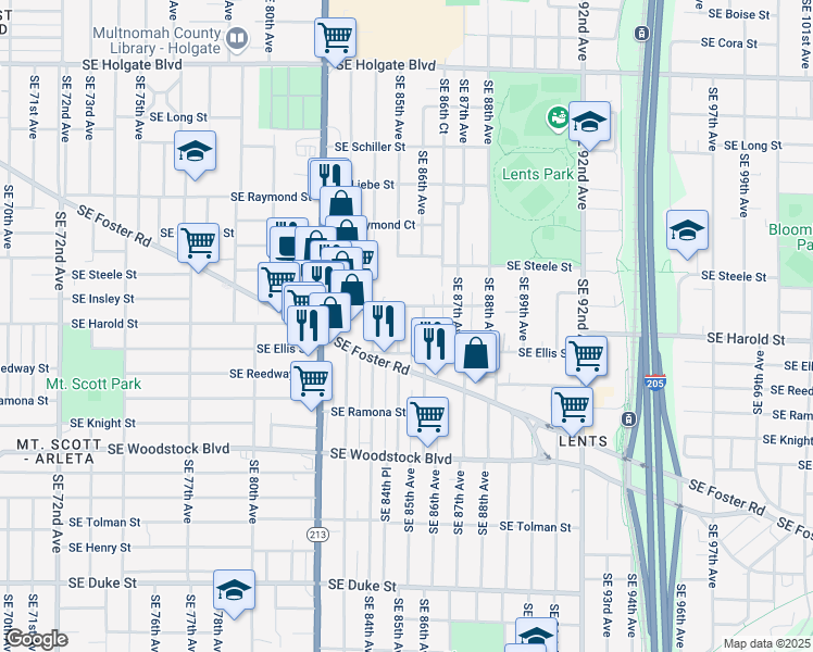 map of restaurants, bars, coffee shops, grocery stores, and more near 5430 Southeast 85th Avenue in Portland