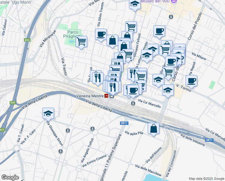 map of restaurants, bars, coffee shops, grocery stores, and more near 214 Via Piave in Venezia