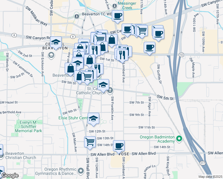 map of restaurants, bars, coffee shops, grocery stores, and more near 12250 Southwest 5th Street in Beaverton