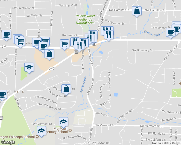 map of restaurants, bars, coffee shops, grocery stores, and more near 5121 Southwest Oleson Road in Portland