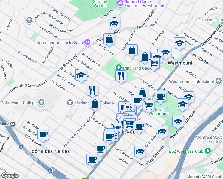 map of restaurants, bars, coffee shops, grocery stores, and more near 356 Chemin de la Côte-Saint-Antoine in Westmount