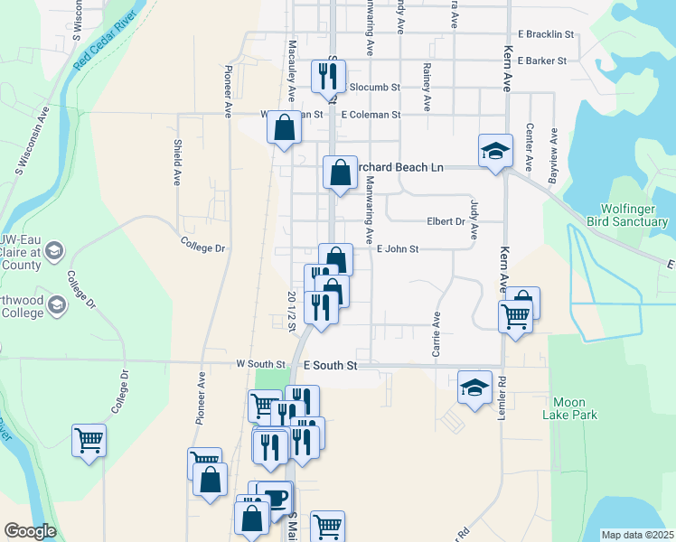 map of restaurants, bars, coffee shops, grocery stores, and more near 1727 South Main Street in Rice Lake
