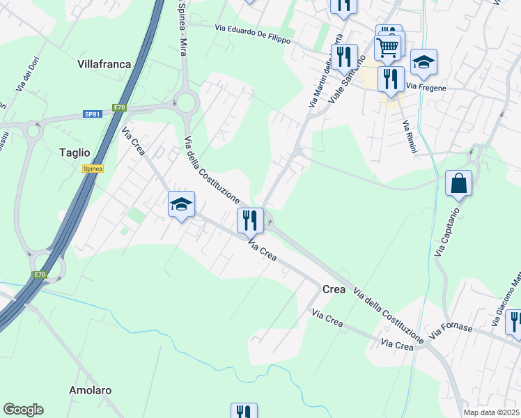 map of restaurants, bars, coffee shops, grocery stores, and more near 98A Via Martiri della Libertà in Spinea