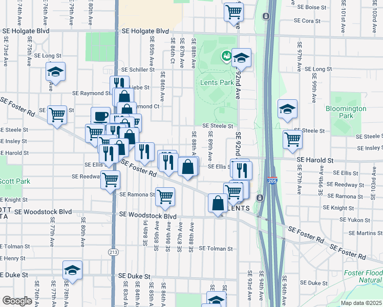 map of restaurants, bars, coffee shops, grocery stores, and more near 5435 Southeast 88th Avenue in Portland