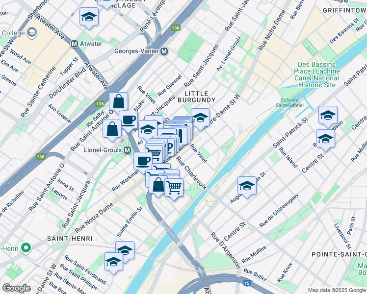map of restaurants, bars, coffee shops, grocery stores, and more near in Montreal