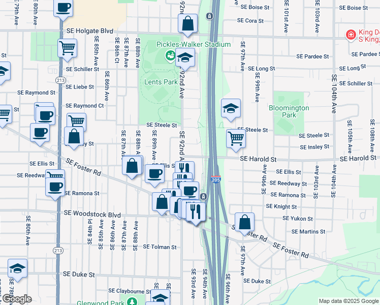 map of restaurants, bars, coffee shops, grocery stores, and more near 9227 Southeast Harold Street in Portland