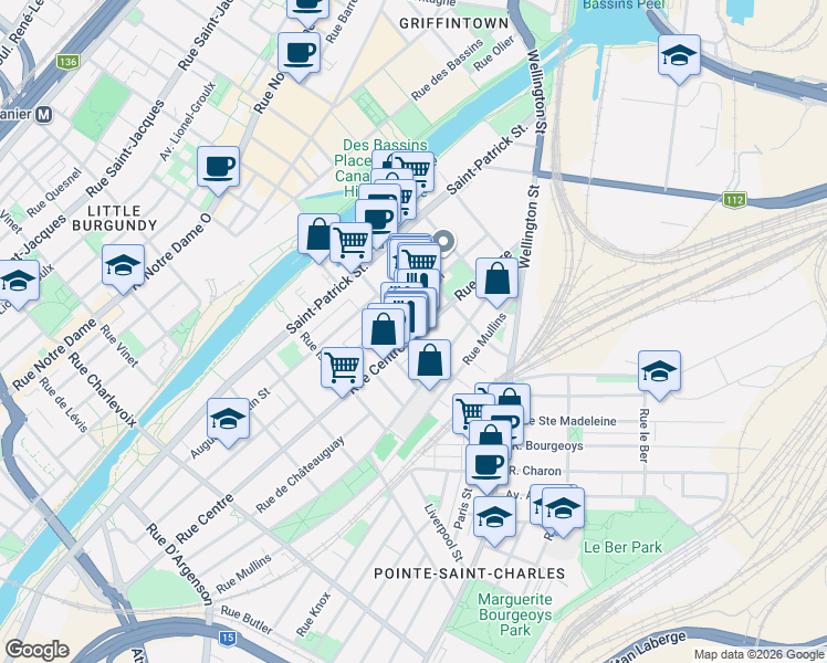 map of restaurants, bars, coffee shops, grocery stores, and more near 1791 Rue Centre in Montréal