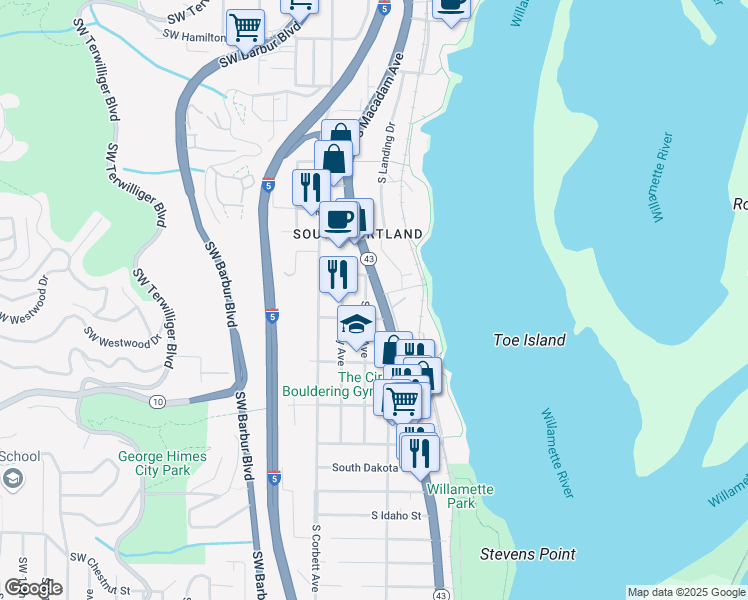 map of restaurants, bars, coffee shops, grocery stores, and more near 5615 South Macadam Avenue in Portland