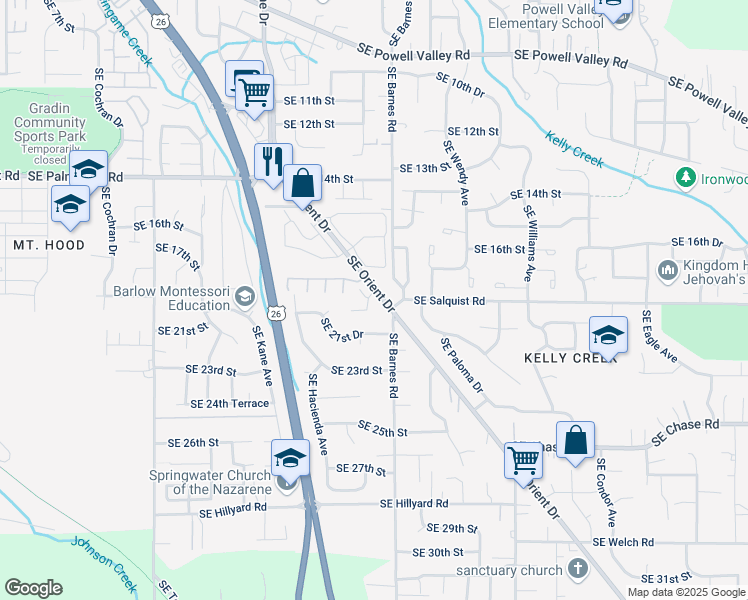 map of restaurants, bars, coffee shops, grocery stores, and more near 1912 Southeast Centurion Way in Gresham