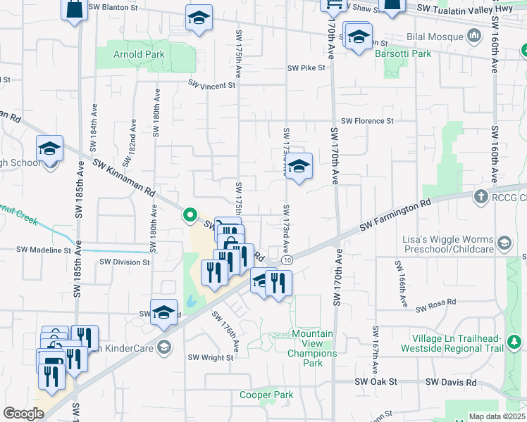 map of restaurants, bars, coffee shops, grocery stores, and more near 17385 Southwest Chris Street in Beaverton