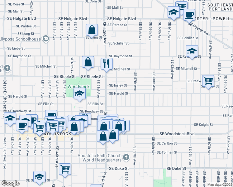 map of restaurants, bars, coffee shops, grocery stores, and more near Southeast Harold Street & Southeast 54th Avenue in Portland