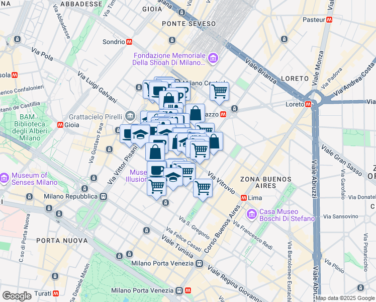 map of restaurants, bars, coffee shops, grocery stores, and more near 43-45 Via Vitruvio in Milan