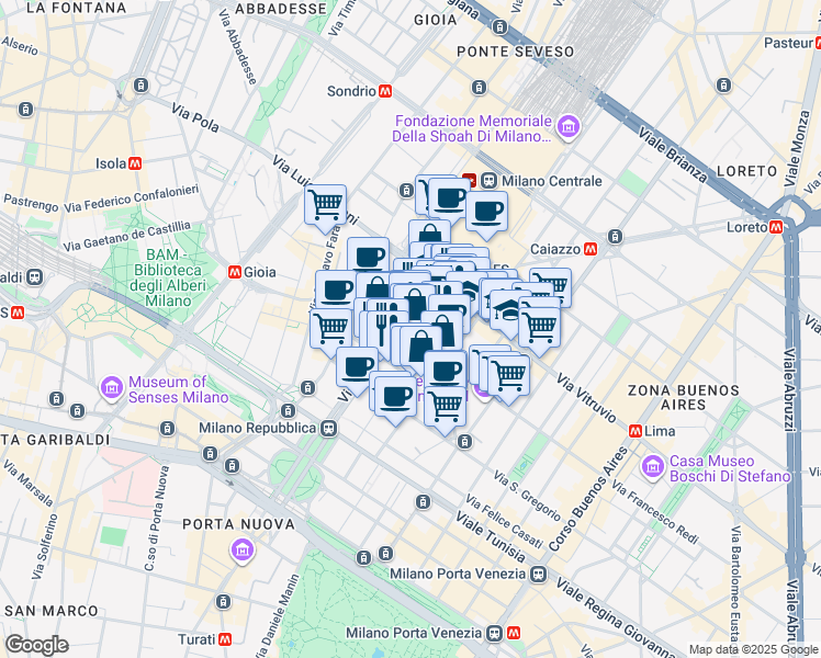 map of restaurants, bars, coffee shops, grocery stores, and more near 22 Via Vittor Pisani in Milano