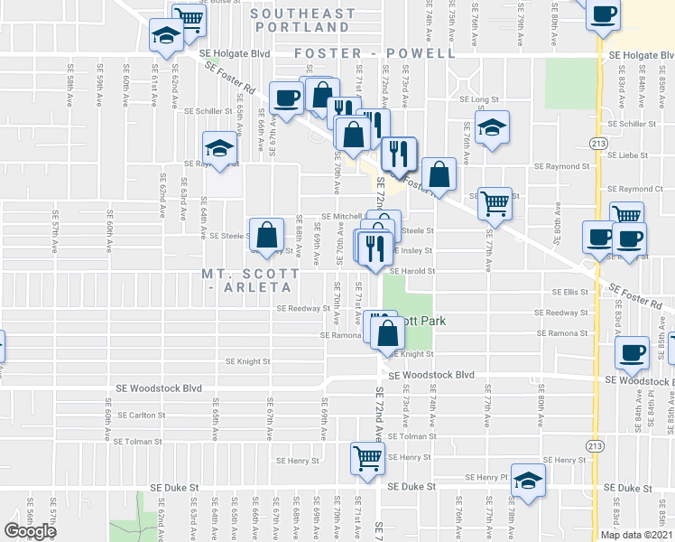 map of restaurants, bars, coffee shops, grocery stores, and more near 6991 Southeast Harold Street in Portland