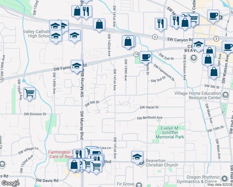 map of restaurants, bars, coffee shops, grocery stores, and more near 5090 Southwest 141st Avenue in Beaverton