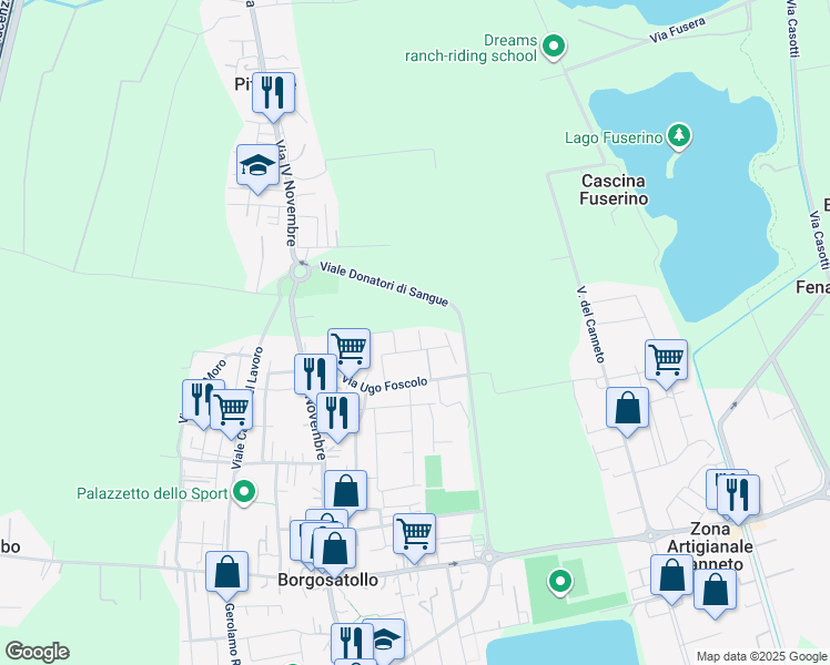 map of restaurants, bars, coffee shops, grocery stores, and more near 7 Via Giacomo Leopardi in Borgosatollo