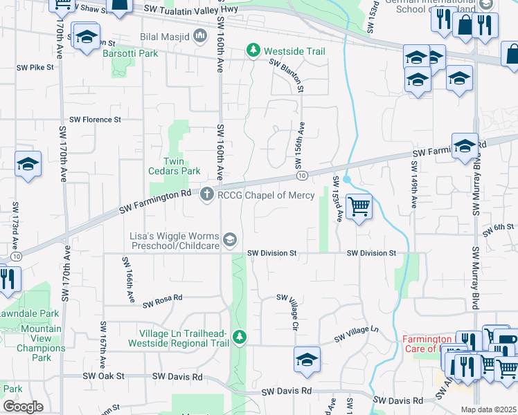 map of restaurants, bars, coffee shops, grocery stores, and more near 5070 Southwest 158th Avenue in Beaverton