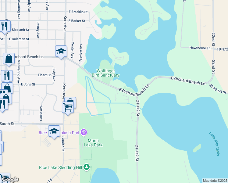 map of restaurants, bars, coffee shops, grocery stores, and more near 1230 East Orchard Beach Lane in Rice Lake