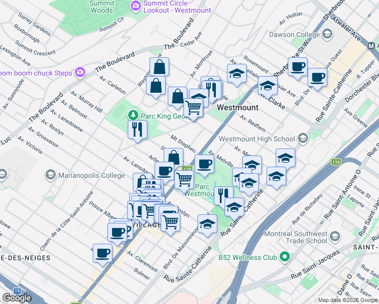 map of restaurants, bars, coffee shops, grocery stores, and more near 422 Mount Stephen in Montreal