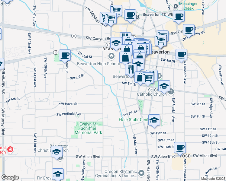 map of restaurants, bars, coffee shops, grocery stores, and more near 12916 Southwest 5th Street in Beaverton