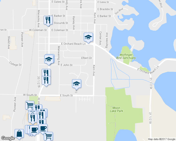 map of restaurants, bars, coffee shops, grocery stores, and more near 445 Moullette Drive in Rice Lake