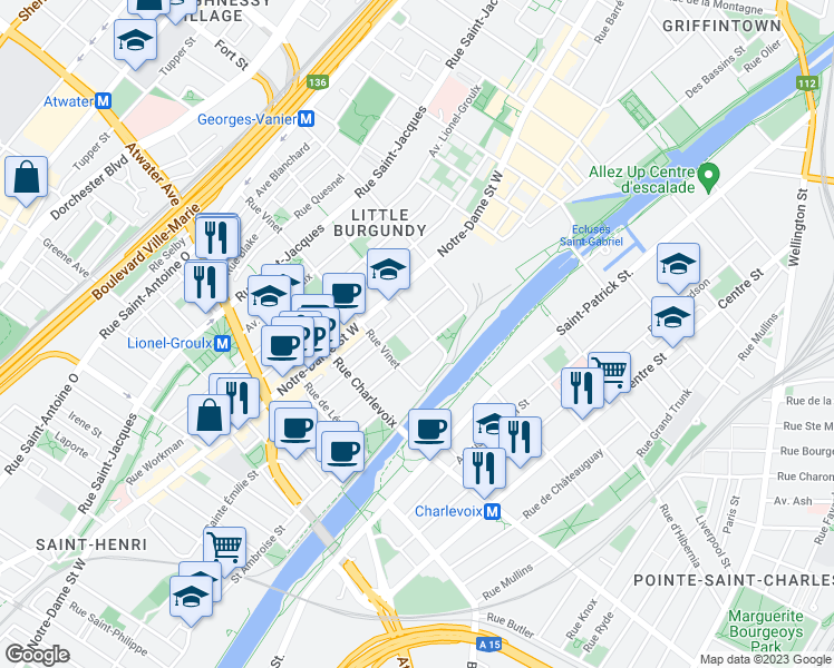 map of restaurants, bars, coffee shops, grocery stores, and more near 222 Dominion Street in Montrã©Al