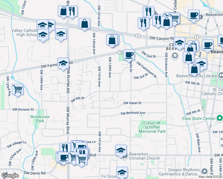 map of restaurants, bars, coffee shops, grocery stores, and more near 5090 Southwest 139th Avenue in Beaverton
