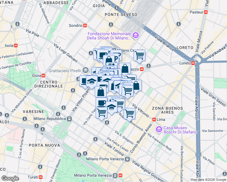 map of restaurants, bars, coffee shops, grocery stores, and more near 43 Via Vitruvio in Milano