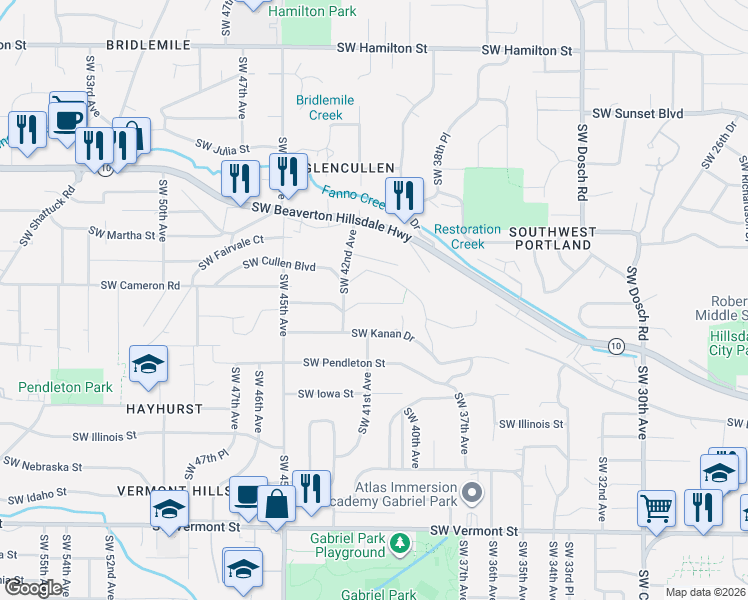 map of restaurants, bars, coffee shops, grocery stores, and more near 4081 Southwest Flower Street in Portland