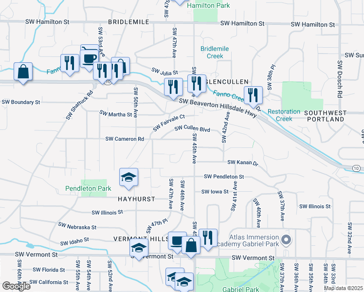 map of restaurants, bars, coffee shops, grocery stores, and more near 4540 Southwest Cameron Road in Portland