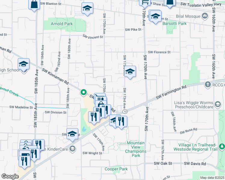 map of restaurants, bars, coffee shops, grocery stores, and more near 17385 Southwest Chris Street in Beaverton