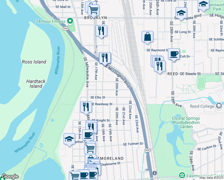 map of restaurants, bars, coffee shops, grocery stores, and more near 1916 Southeast Harold Street in Portland
