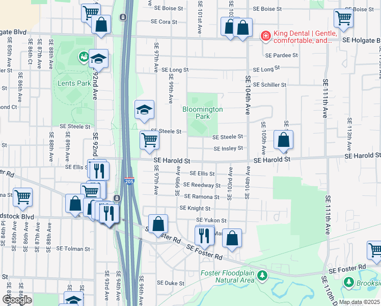 map of restaurants, bars, coffee shops, grocery stores, and more near 5428 Southeast 100th Avenue in Portland