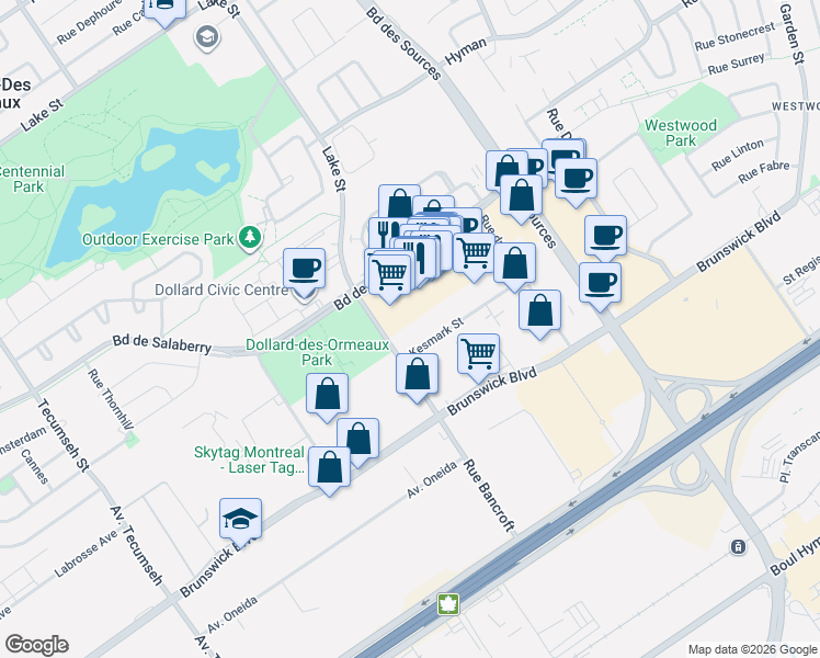 map of restaurants, bars, coffee shops, grocery stores, and more near 275 Rue Kesmark in Dollard-des-Ormeaux