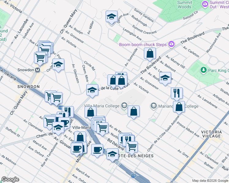 map of restaurants, bars, coffee shops, grocery stores, and more near 4900 Chemin de la Côte Saint Luc in Montréal