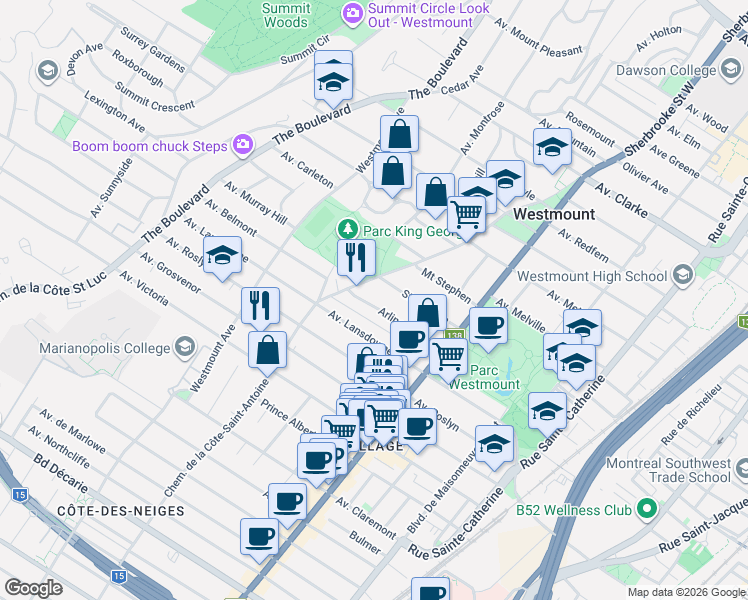 map of restaurants, bars, coffee shops, grocery stores, and more near 117 Avenue Arlington in Westmount