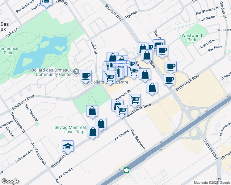 map of restaurants, bars, coffee shops, grocery stores, and more near in Dollard-Des Ormeaux