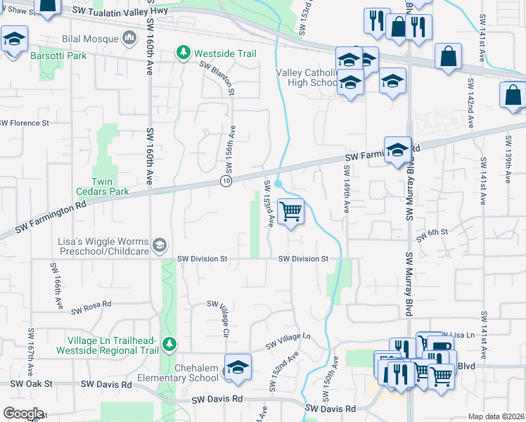 map of restaurants, bars, coffee shops, grocery stores, and more near 5055 Southwest 153rd Avenue in Beaverton