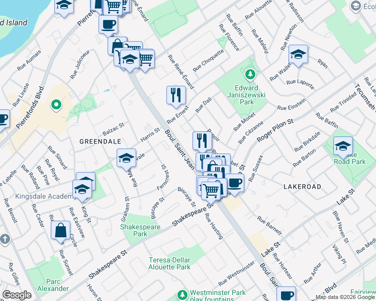 map of restaurants, bars, coffee shops, grocery stores, and more near 4445 Boulevard Saint-Jean in Dollard-des-Ormeaux