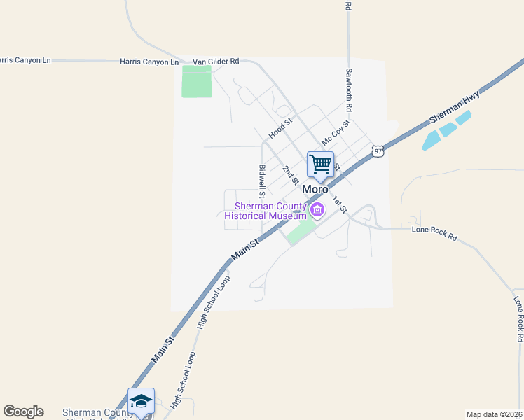 map of restaurants, bars, coffee shops, grocery stores, and more near 400 Lincoln Street in Moro