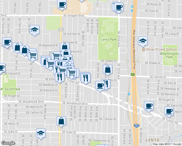 map of restaurants, bars, coffee shops, grocery stores, and more near 5431 Southeast 87th Avenue in Portland