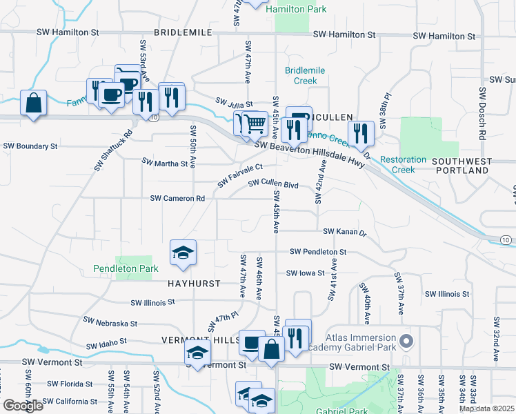 map of restaurants, bars, coffee shops, grocery stores, and more near 4540 Southwest Cameron Road in Portland